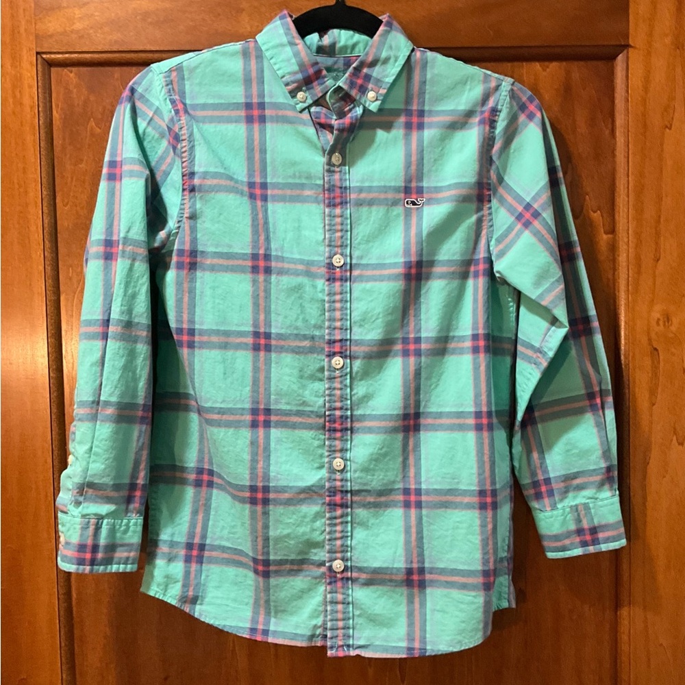 Vineyard Vines Teal and Pink Check Shirt plaid boys 8-10
